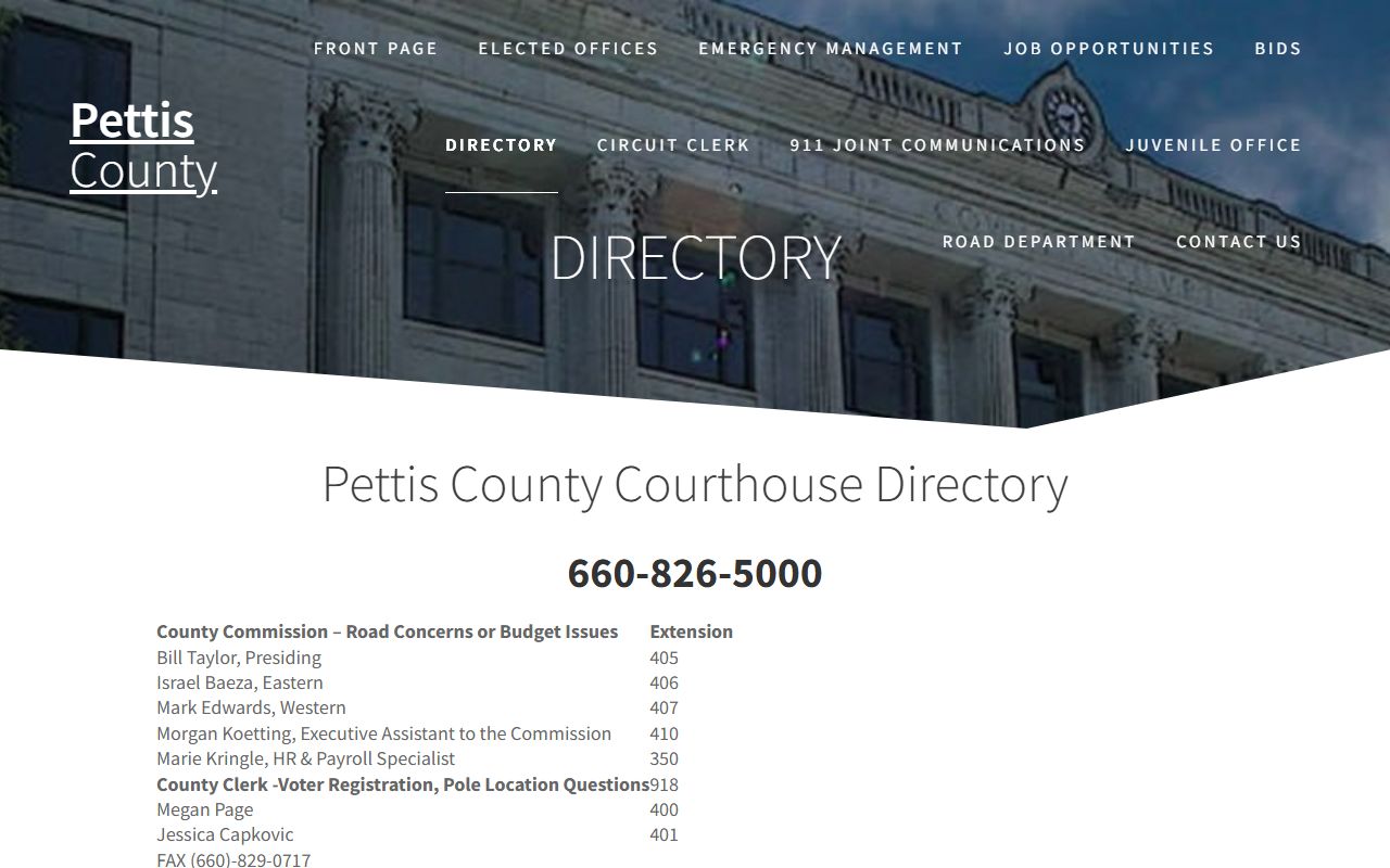Pettis County directory entries for jail, booking, prosecutor, and circuit clerk contacts