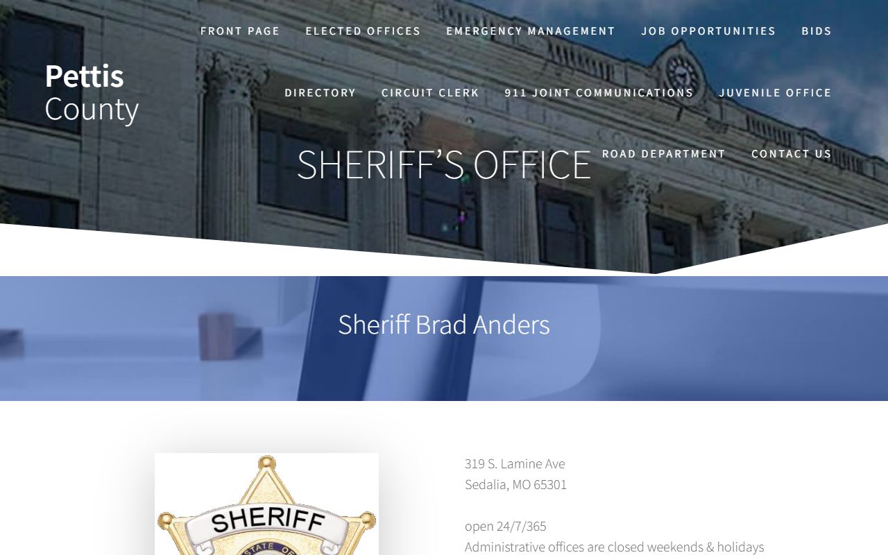 Pettis County Sheriff's Office page with jail and sheriff contact details